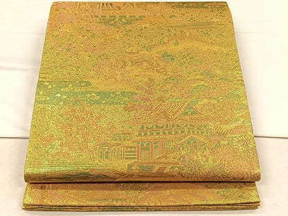 平和屋着物◎六通柄袋帯　風景草花文　金糸　正絹　逸品　未使用　CABH7249yk