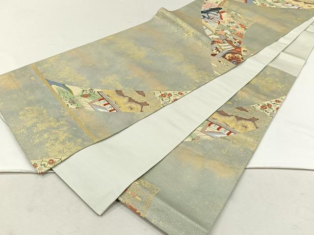 平和屋着物◎六通柄袋帯　短冊人物草花文　彩瀞箔　正絹　逸品　CABH7256yk