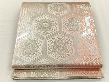 平和屋着物◎両面　全通柄袋帯　亀甲花文　銀糸　正絹　逸品　CABH7264yk