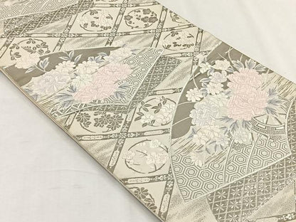 平和屋着物◎六通柄袋帯　唐織　地紙花車文　プラチナ箔　やまとオリジナル　正絹　逸品　CABH7267yk
