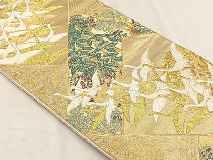平和屋着物◎六通柄袋帯　唐織　飛鶴枝葉文　金糸　正絹　逸品　CABH7313yk