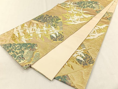 平和屋着物◎六通柄袋帯　唐織　飛鶴枝葉文　金糸　正絹　逸品　CABH7313yk