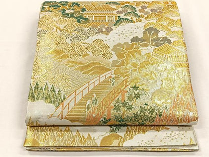 平和屋着物◎佐賀錦　六通柄袋帯　渡り橋風景草花文　浩彩二重縦　金銀糸　正絹　逸品　CABH7314yk