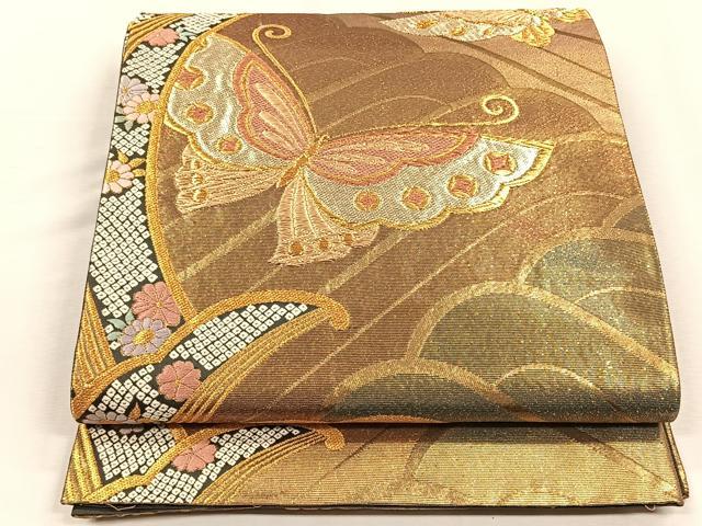 平和屋着物◎全通柄袋帯　花蝶文　金糸　正絹　逸品　CABH7318yk