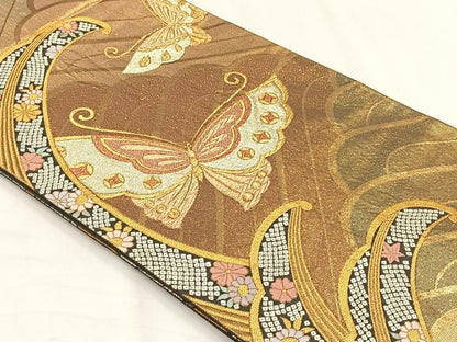 平和屋着物◎全通柄袋帯　花蝶文　金糸　正絹　逸品　CABH7318yk