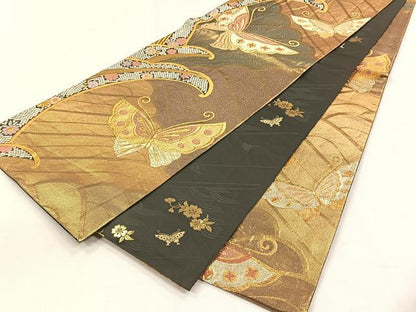 平和屋着物◎全通柄袋帯　花蝶文　金糸　正絹　逸品　CABH7318yk