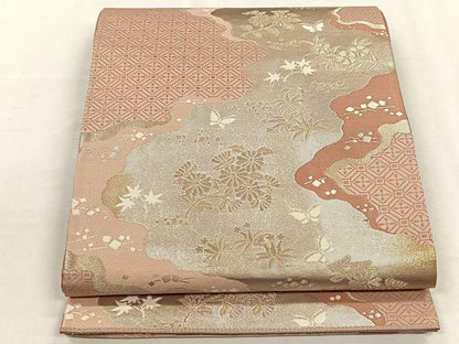 平和屋着物◎六通柄袋帯　道長草花文　銀糸　正絹　逸品　CABH7325yk