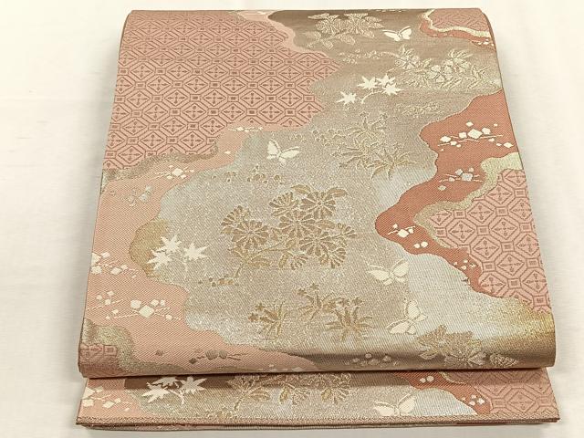 平和屋着物◎六通柄袋帯　道長草花文　銀糸　正絹　逸品　CABH7325yk