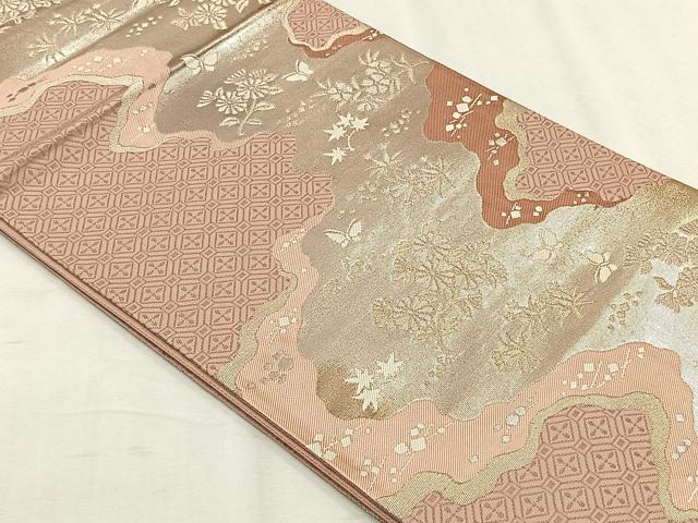 平和屋着物◎六通柄袋帯　道長草花文　銀糸　正絹　逸品　CABH7325yk