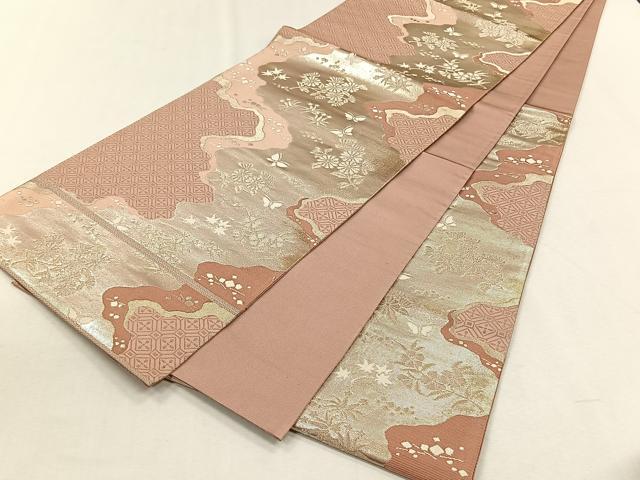 平和屋着物◎六通柄袋帯　道長草花文　銀糸　正絹　逸品　CABH7325yk