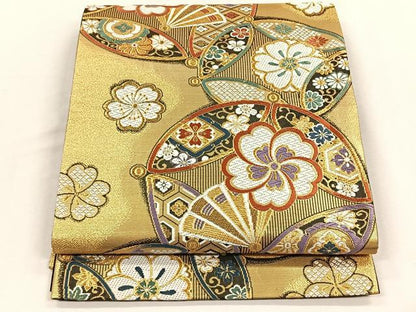 平和屋着物◎六通柄袋帯　唐織　檜扇花文　金糸　正絹　逸品　CABH7341yk