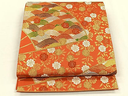 平和屋着物◎六通柄袋帯　唐織　扇面草花文　金糸　正絹　逸品　CABH7343yk
