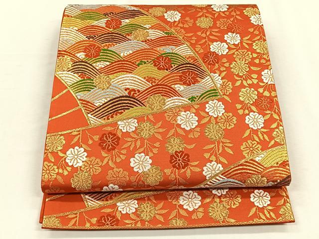 平和屋着物◎六通柄袋帯　唐織　扇面草花文　金糸　正絹　逸品　CABH7343yk