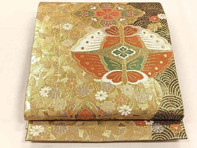 平和屋着物◎六通柄袋帯　花蝶文　金糸　正絹　逸品　CABH7346yk