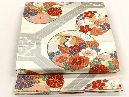 平和屋着物◎六通柄袋帯　唐織　飛鶴花丸文　金銀糸　正絹　逸品　CABH7352yk