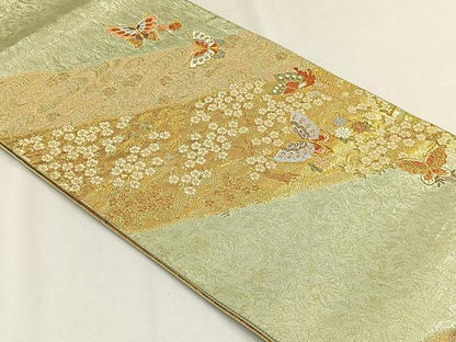 平和屋着物◎六通柄袋帯　花蝶文　金糸　正絹　逸品　CABH7363yk