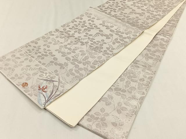 平和屋着物◎全通柄袋帯　作家物　枝葉文　銀糸　正絹　逸品　CABH7365yk