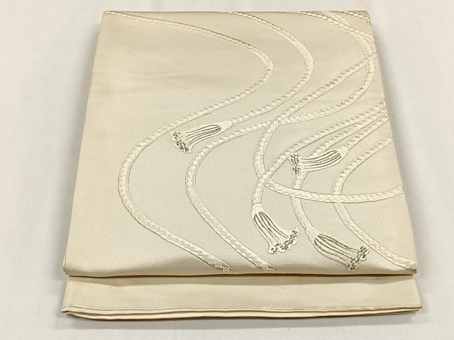 平和屋着物◎西陣　太鼓柄袋帯　総刺繍　結び紐文　銀糸　証紙付き　正絹　逸品　CABH7367yk