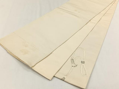 平和屋着物◎西陣　太鼓柄袋帯　総刺繍　結び紐文　銀糸　証紙付き　正絹　逸品　CABH7367yk