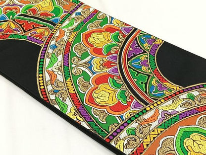平和屋着物◎六通柄袋帯　更紗花文　黒地　金糸　正絹　逸品　CABH7371yk