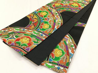 平和屋着物◎六通柄袋帯　更紗花文　黒地　金糸　正絹　逸品　CABH7371yk