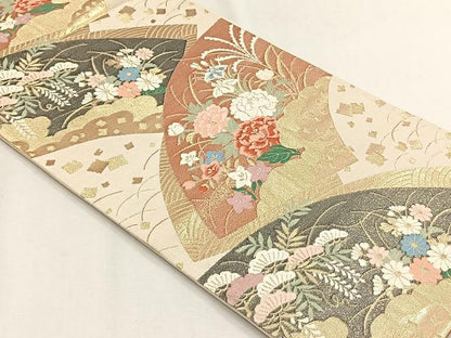 平和屋着物◎六通柄袋帯　唐織　地紙重ね草花文　正絹　逸品　CABH7376yk