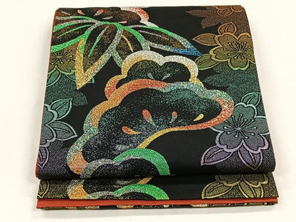 平和屋着物◎全通柄袋帯　松竹梅　黒地　金銀糸　正絹　逸品　CABH7388yk