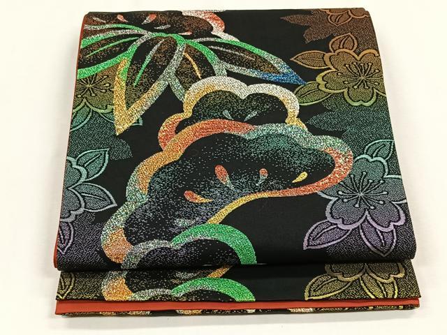 平和屋着物◎全通柄袋帯　松竹梅　黒地　金銀糸　正絹　逸品　CABH7388yk