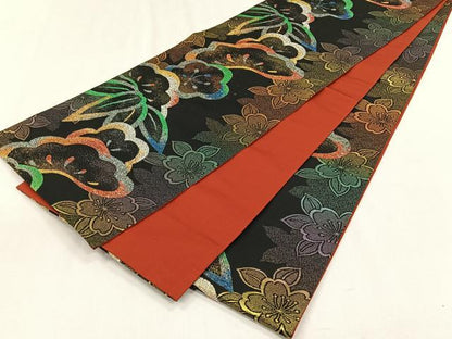 平和屋着物◎全通柄袋帯　松竹梅　黒地　金銀糸　正絹　逸品　CABH7388yk