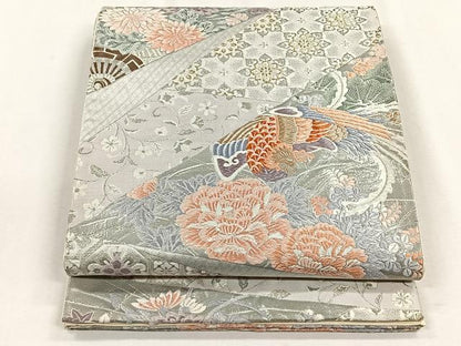 平和屋着物◎六通柄袋帯　切嵌鳳凰花文　銀糸　正絹　逸品　CABH7390yk