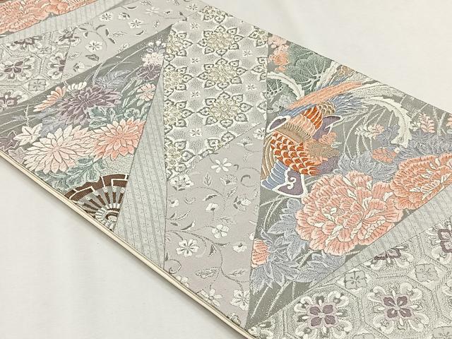 平和屋着物◎六通柄袋帯　切嵌鳳凰花文　銀糸　正絹　逸品　CABH7390yk