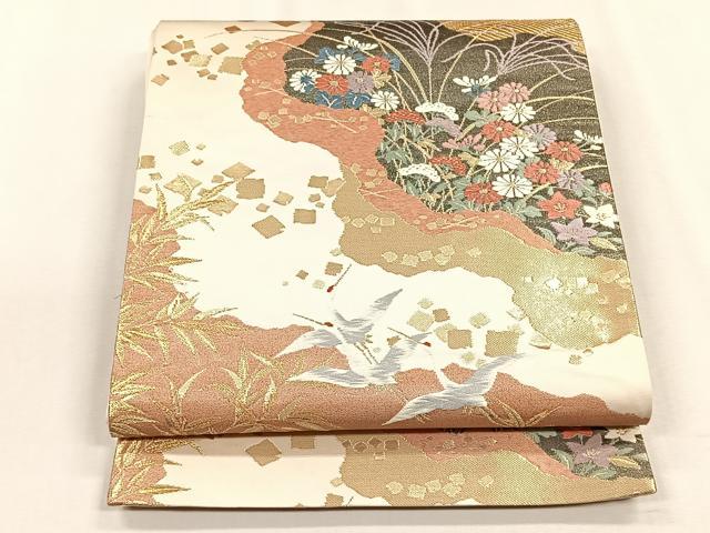 平和屋着物◎六通柄袋帯　唐織　飛鶴花文　金糸　正絹　逸品　CABH7391yk