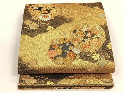 平和屋着物◎六通柄袋帯　流水鳳凰花丸文　黒地　金糸　正絹　逸品　未使用　CABH7400yk