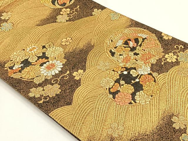平和屋着物◎六通柄袋帯　流水鳳凰花丸文　黒地　金糸　正絹　逸品　未使用　CABH7400yk