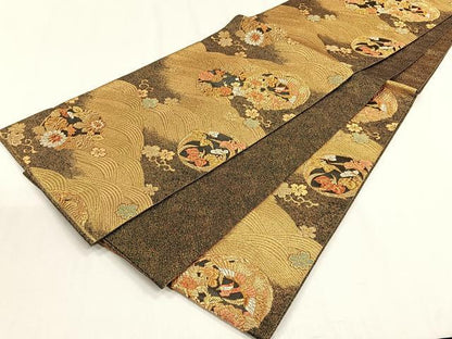 平和屋着物◎六通柄袋帯　流水鳳凰花丸文　黒地　金糸　正絹　逸品　未使用　CABH7400yk