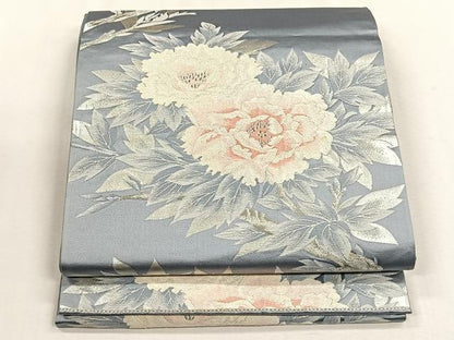平和屋着物◎六通柄袋帯　牡丹　銀糸　正絹　逸品　CABH7405yk
