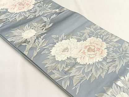 平和屋着物◎六通柄袋帯　牡丹　銀糸　正絹　逸品　CABH7405yk