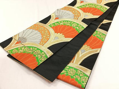 平和屋着物◎六通柄袋帯　菊青海波　黒地　金銀糸　正絹　逸品　CABH7406yk