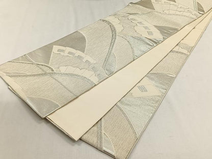 平和屋着物◎六通柄袋帯　檜扇霞文　銀糸　正絹　逸品　CABH7409yk