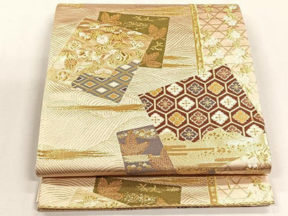 平和屋着物◎六通柄袋帯　色紙重ね飛鶴宝尽し花文　金糸　正絹　逸品　CABH7411yk