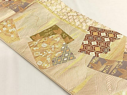 平和屋着物◎六通柄袋帯　色紙重ね飛鶴宝尽し花文　金糸　正絹　逸品　CABH7411yk