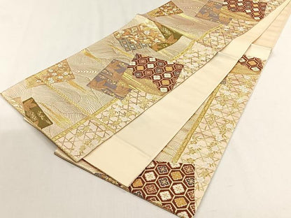 平和屋着物◎六通柄袋帯　色紙重ね飛鶴宝尽し花文　金糸　正絹　逸品　CABH7411yk