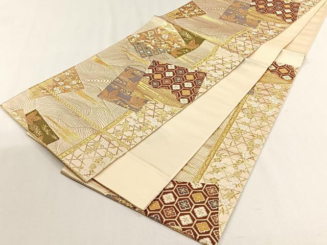 平和屋着物◎六通柄袋帯　色紙重ね飛鶴宝尽し花文　金糸　正絹　逸品　CABH7411yk