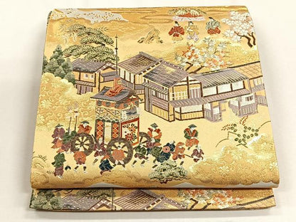 平和屋着物◎西陣　やまひで謹製　全通柄袋帯　唐織　洛中御所雅遊文　金糸　証紙付き　正絹　逸品　未使用　CABH7412yk