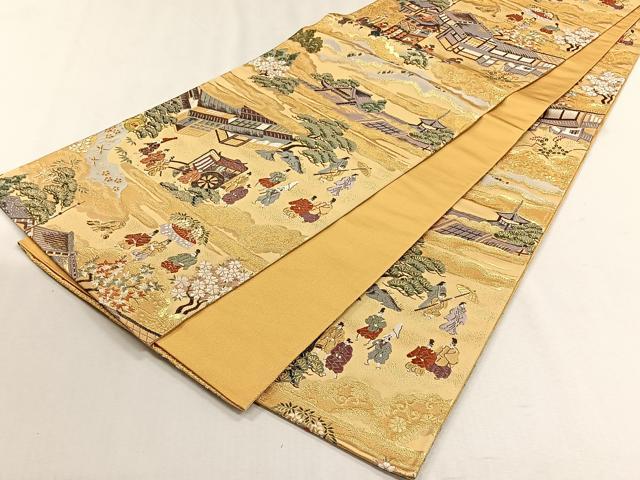 平和屋着物◎西陣　やまひで謹製　全通柄袋帯　唐織　洛中御所雅遊文　金糸　証紙付き　正絹　逸品　未使用　CABH7412yk