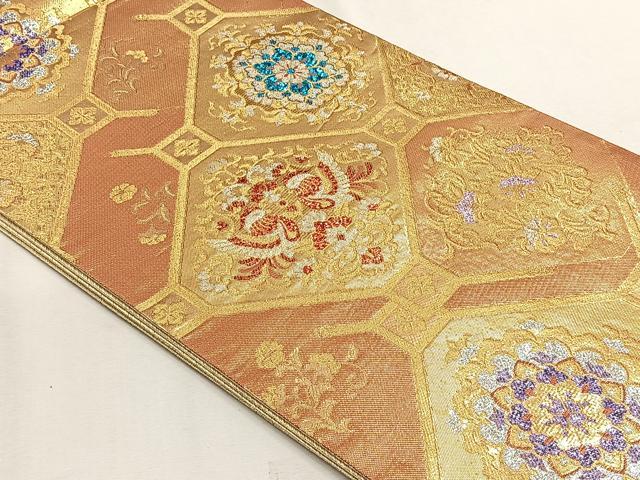 平和屋着物◎六通柄袋帯　蜀江向かい鳥花唐草文　金銀糸　正絹　逸品　CABH7414yk