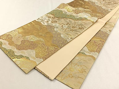 平和屋着物◎六通柄袋帯　流水草花文　金銀糸　正絹　逸品　未使用　CABH7420yk