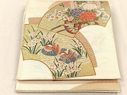 平和屋着物◎六通柄袋帯　地紙鴛鴦花車文　金銀糸　正絹　逸品　未使用　CABH7437yk