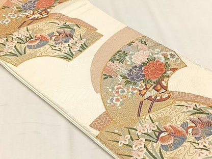 平和屋着物◎六通柄袋帯　地紙鴛鴦花車文　金銀糸　正絹　逸品　未使用　CABH7437yk