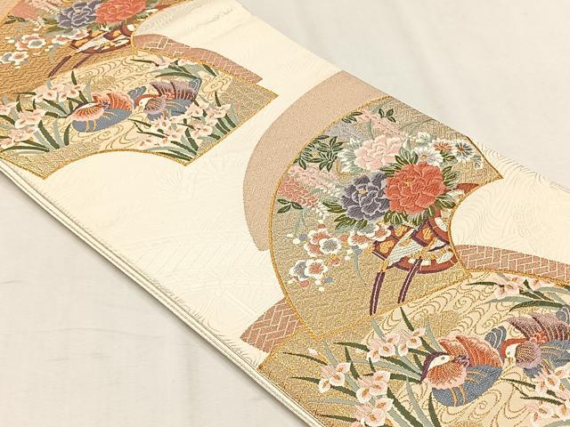 平和屋着物◎六通柄袋帯　地紙鴛鴦花車文　金銀糸　正絹　逸品　未使用　CABH7437yk
